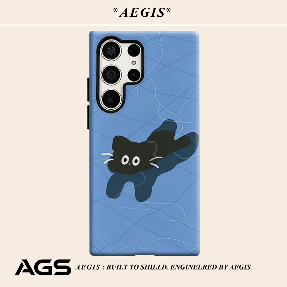 Blue Background Black Cat Phone Case for Samsung Galaxy S25 Ultra S24 S23 Ultra Plus Glossy Double-layer Back Cover