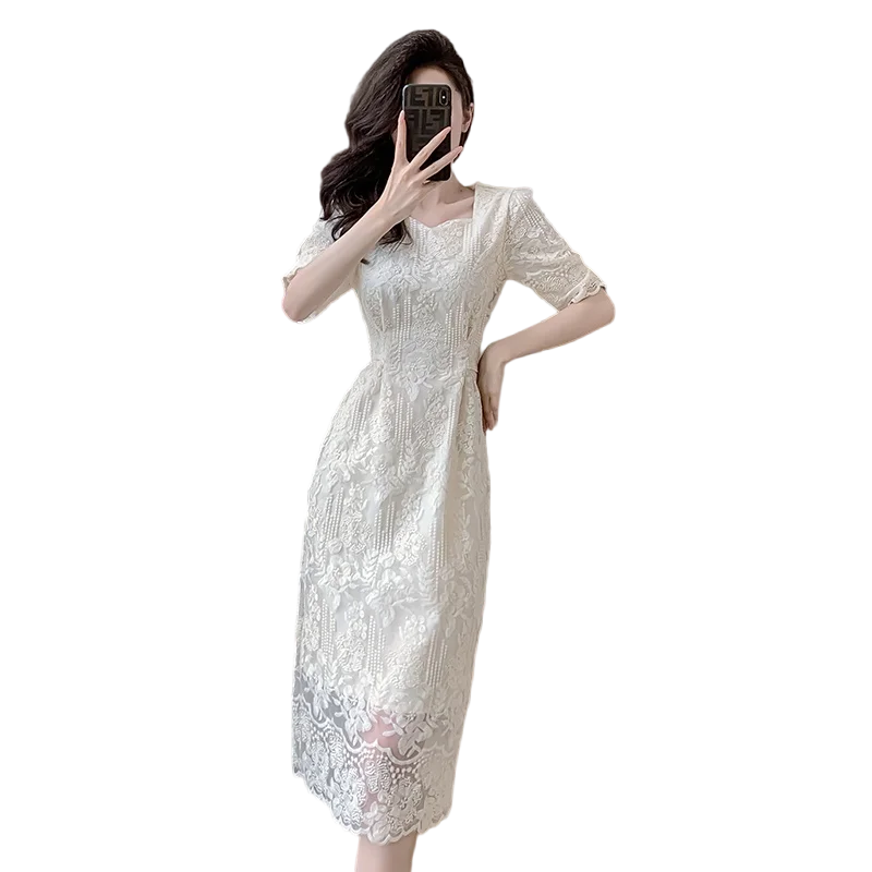 Ele Mid-Length ort-Sve Embroidered Lace Dr Waist-Cinching Girl's Dr Commute Sle Polyester Fiber Summer Dr