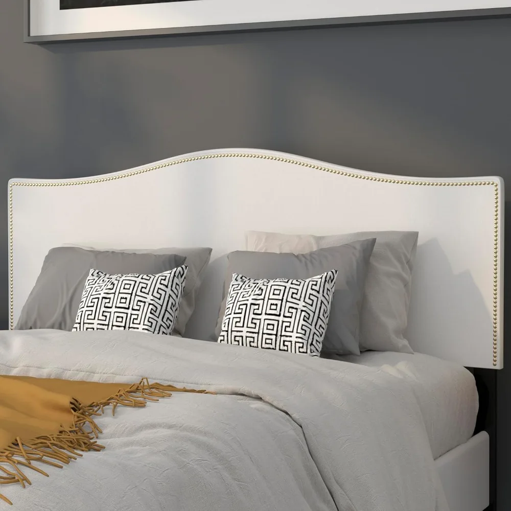 

Upholstered Queen Size Headboard with Nailtrim in White Fabric