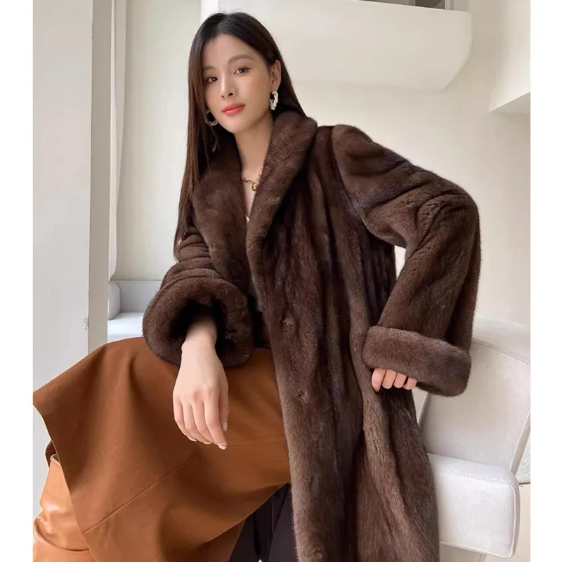 

Women Faux Fur Coat Velvet Retro Collar Long Mink Jacket Winter Warm Casual Trench Coat