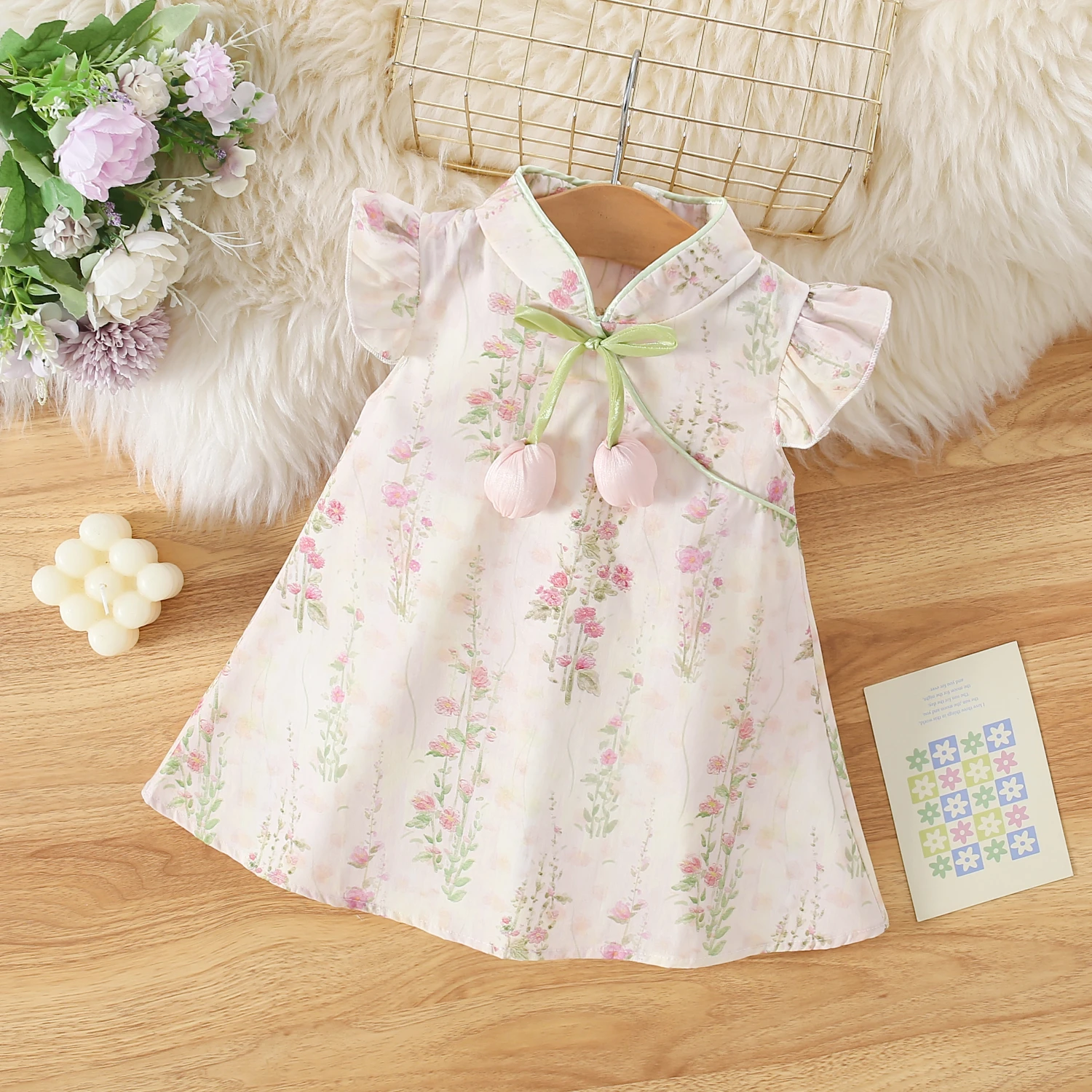 Baby Dresses Summer Cotton Bow Flower Chinese Cartoon Small Fly Sleeve Girl Dress Cute Beach Baby Girl Clothing