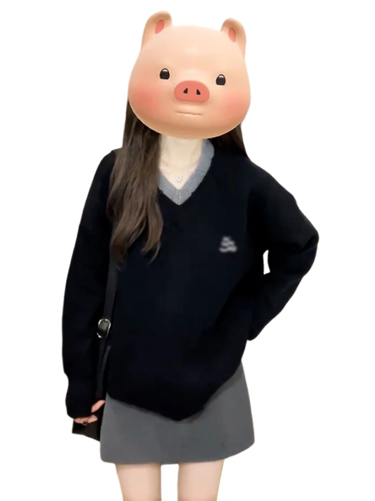 Lockerer V-Ne-Strickpullover für Damen, Herbst und Winter, Faion Lazy Sle Overhead Top, Bla, einteilige Freizeitkleidung für Teenager