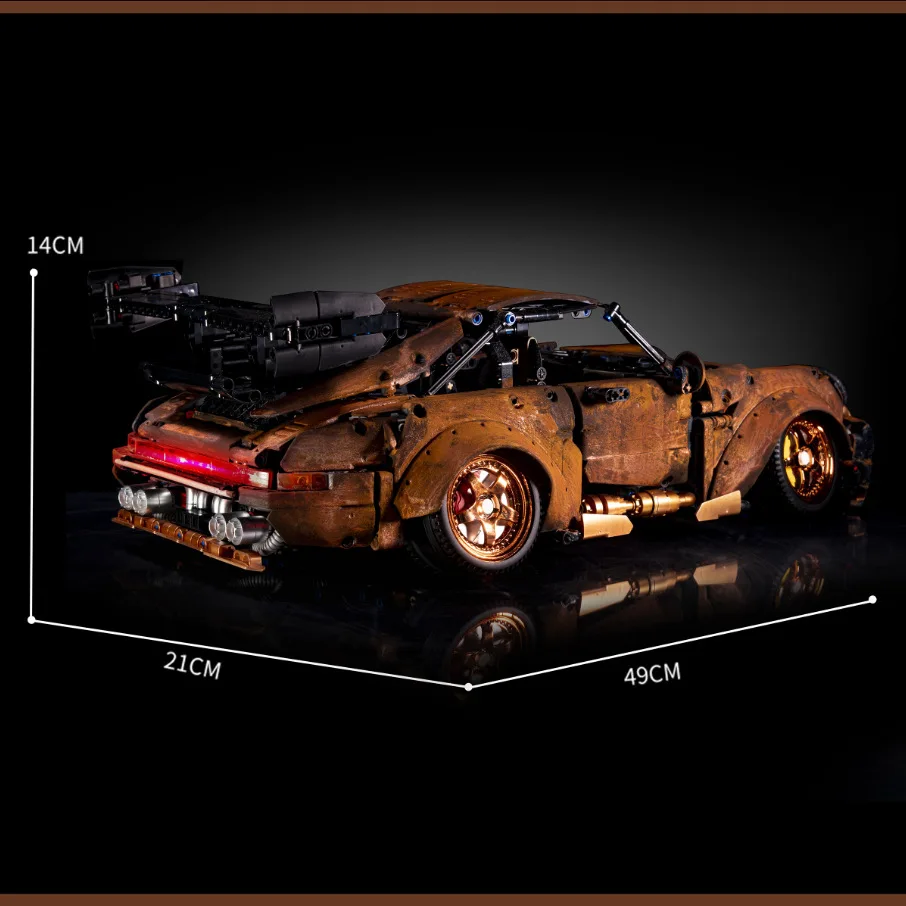 Highly customized low-slung battle-damaged ruin sports car model, challenging to assemble with building blocks