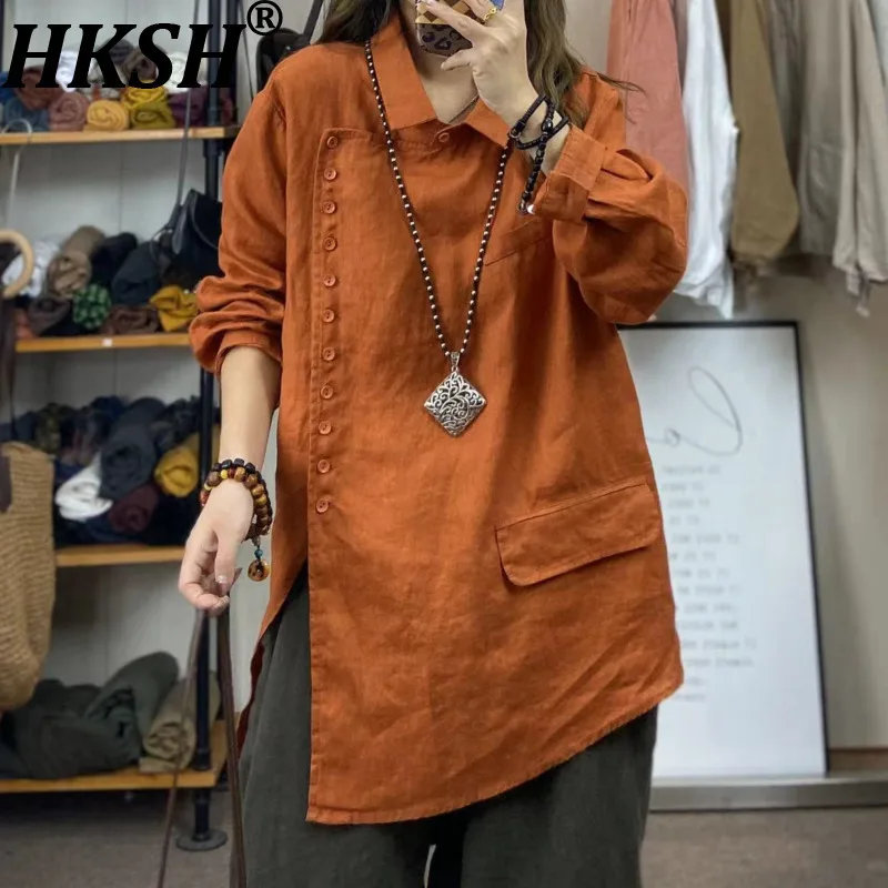 HKSH Camicia per le donne Autunno Nuovo colletto rovesciato Manica lunga monopetto Design asimmetrico Elegante Casual Ins Top HK10997