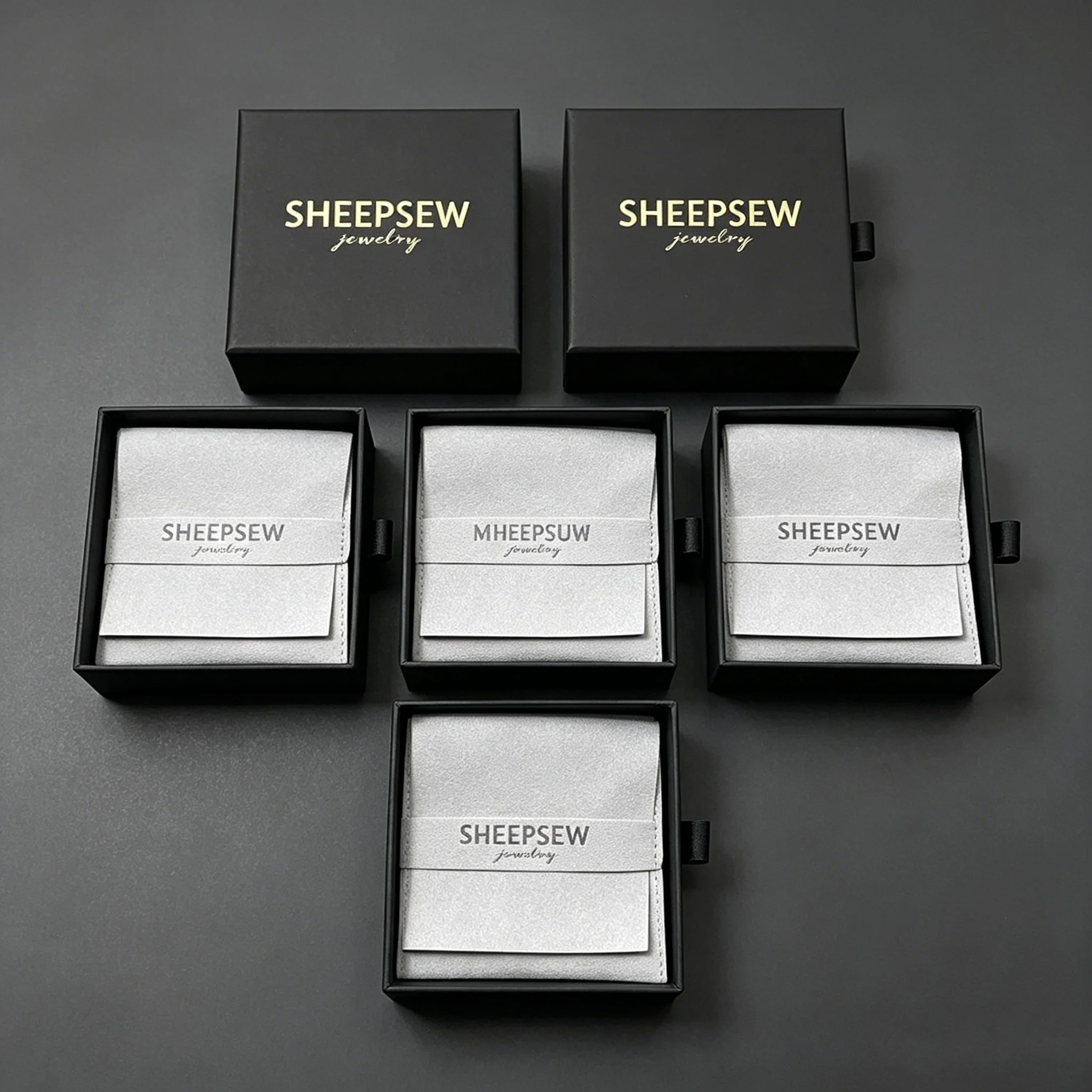 

Набор для хранения украшений SheepSew с индивидуальным логотипом, черный | Выдвижная картонная коробка с мешочком-органайзером | Экологичная упаковка для свадьбы