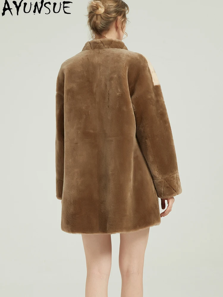 Ayunsue casaco de pele de carneiro natural feminino roupas de inverno meados de comprimento jaqueta de couro genuíno mulher novo em casacos 2025 tinta impressa