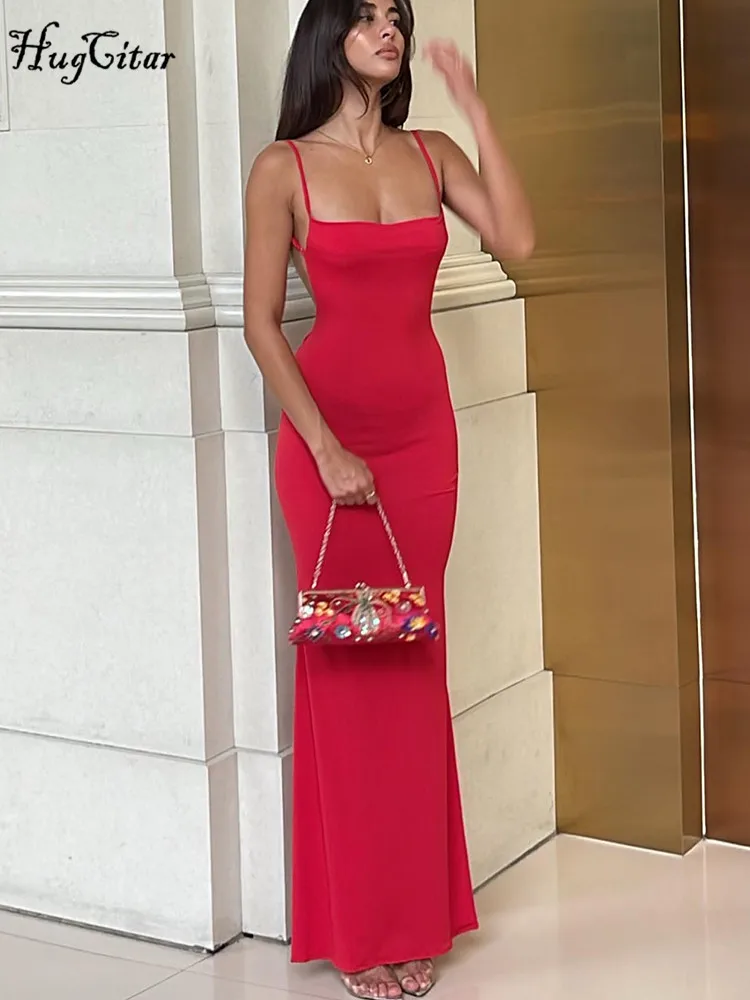 Hugcitar 2024 Frühling Solide Ärmellose Backless Elegante Sexy Bodycon Y2K Maxi Prom Kleid Frauen Kleidung Geburtstag Party Casual Y2K