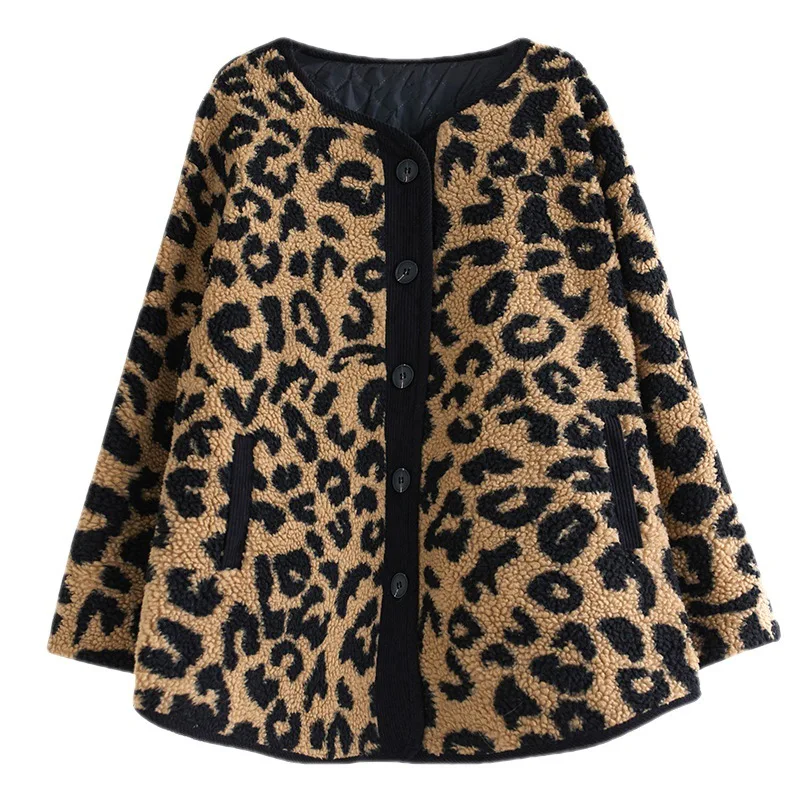 Leopard Print Loose Jacket, Plus Size Women\'s Polar Fleece Coat