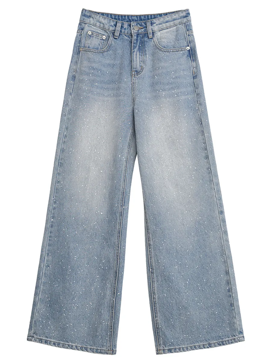 Women's Blue Polka Dot Wide-Leg Flare Jeans