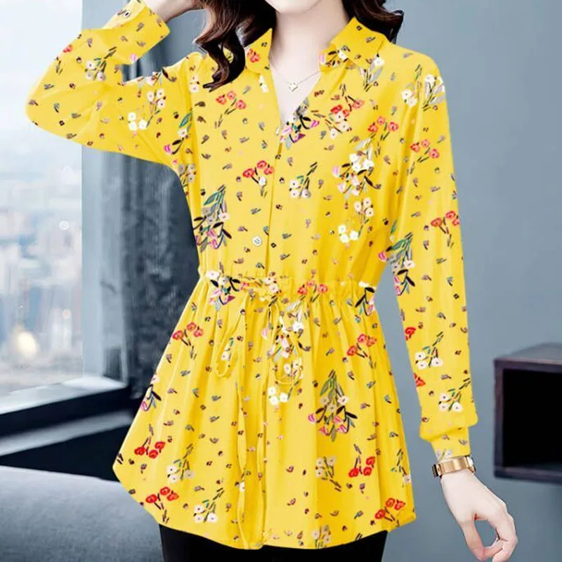 

Женская одежда, модная блузка с v-образным вырезом и принтом на шнуровке, весенне-осенняя повседневная элегантная женская рубашка с длинным рукавом на пуговицах XQ166