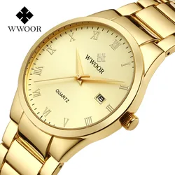 WWOOR Luxury Gold Watch For Men Waterproof Stainless Steel Men's Watches Sport Quartz Clock Date Business Watch Reloj Hombre