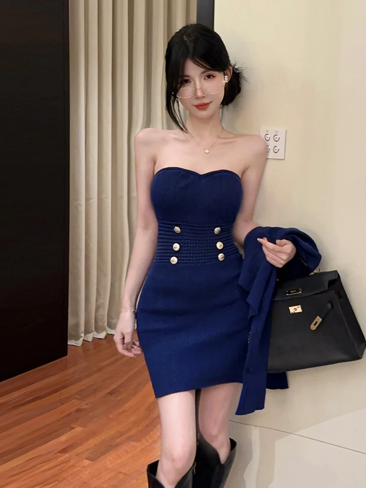 Sexy Pure Desire Fashion Set with Gold Buckle Splice Bodycon Slimming Wrap Chest Dress Long Sleeve Open Cardigan Casual Outfit