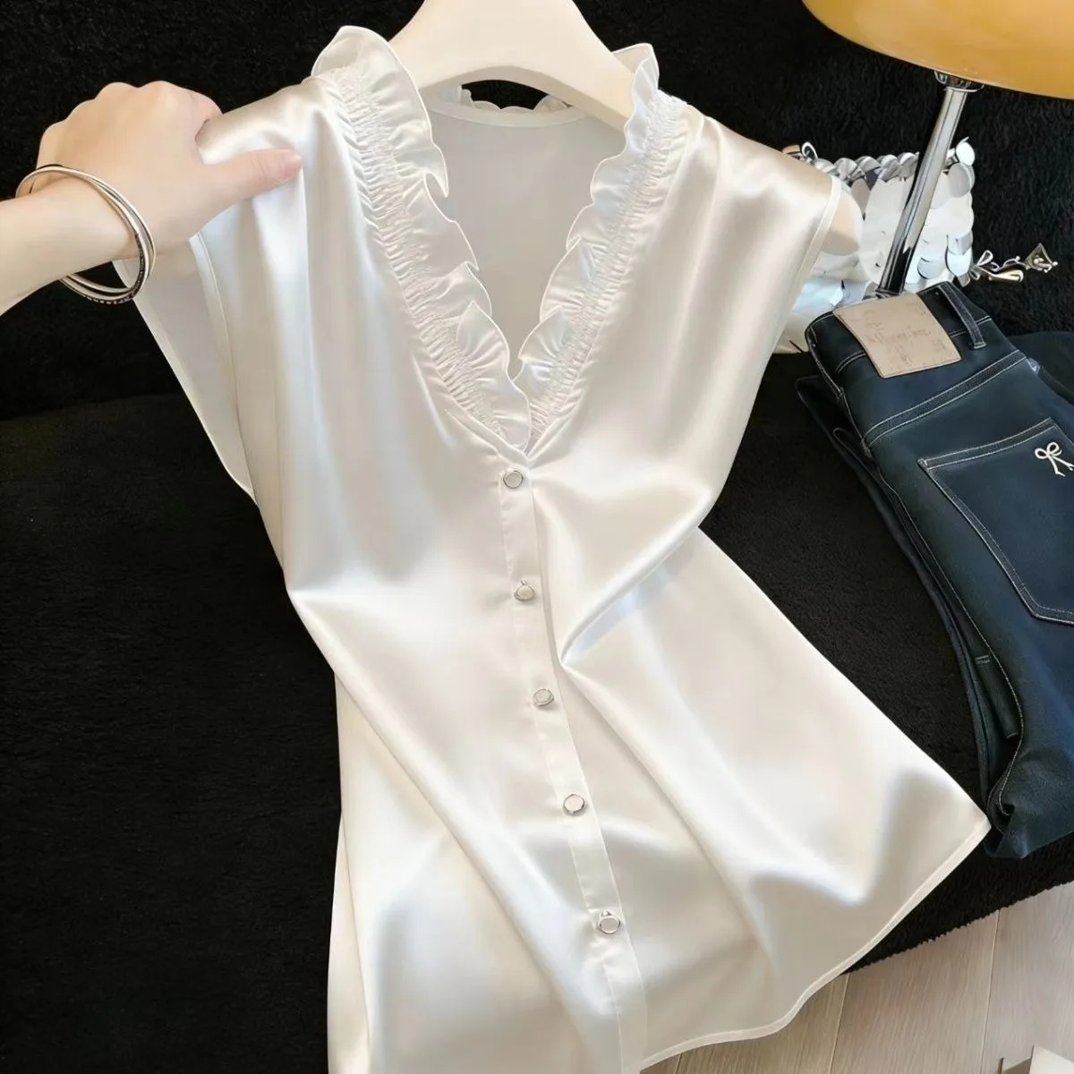 Champagne Silk Mulberry Silk Shirt Genuine V-neck High-End Silk Shirt Summer New Solid Color Small Top Vest Top White Black