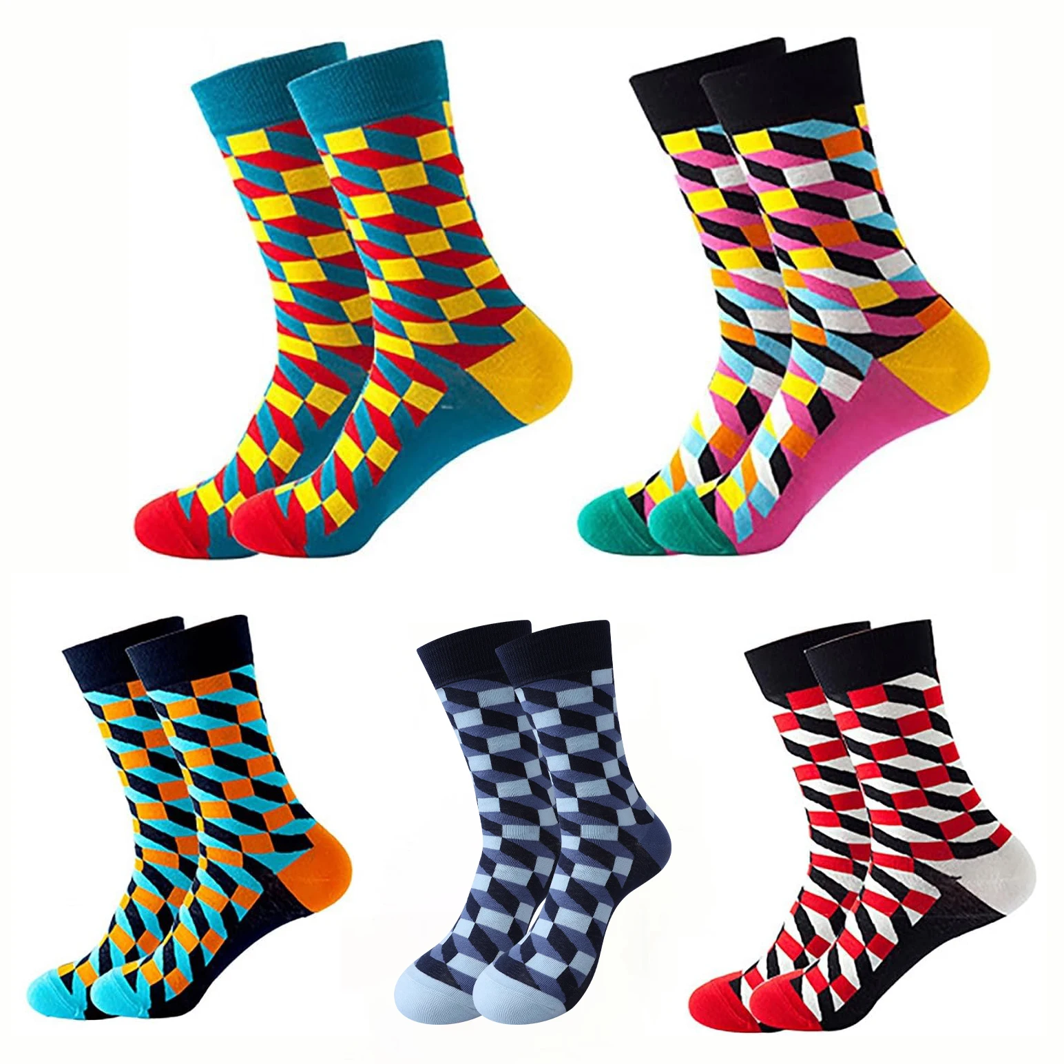 5Pairs Men Fashion Geometric Diamond Crew Socks Novelty 3D Optical Illusion Checkered Pattern Casual Sock for Male Daily Party