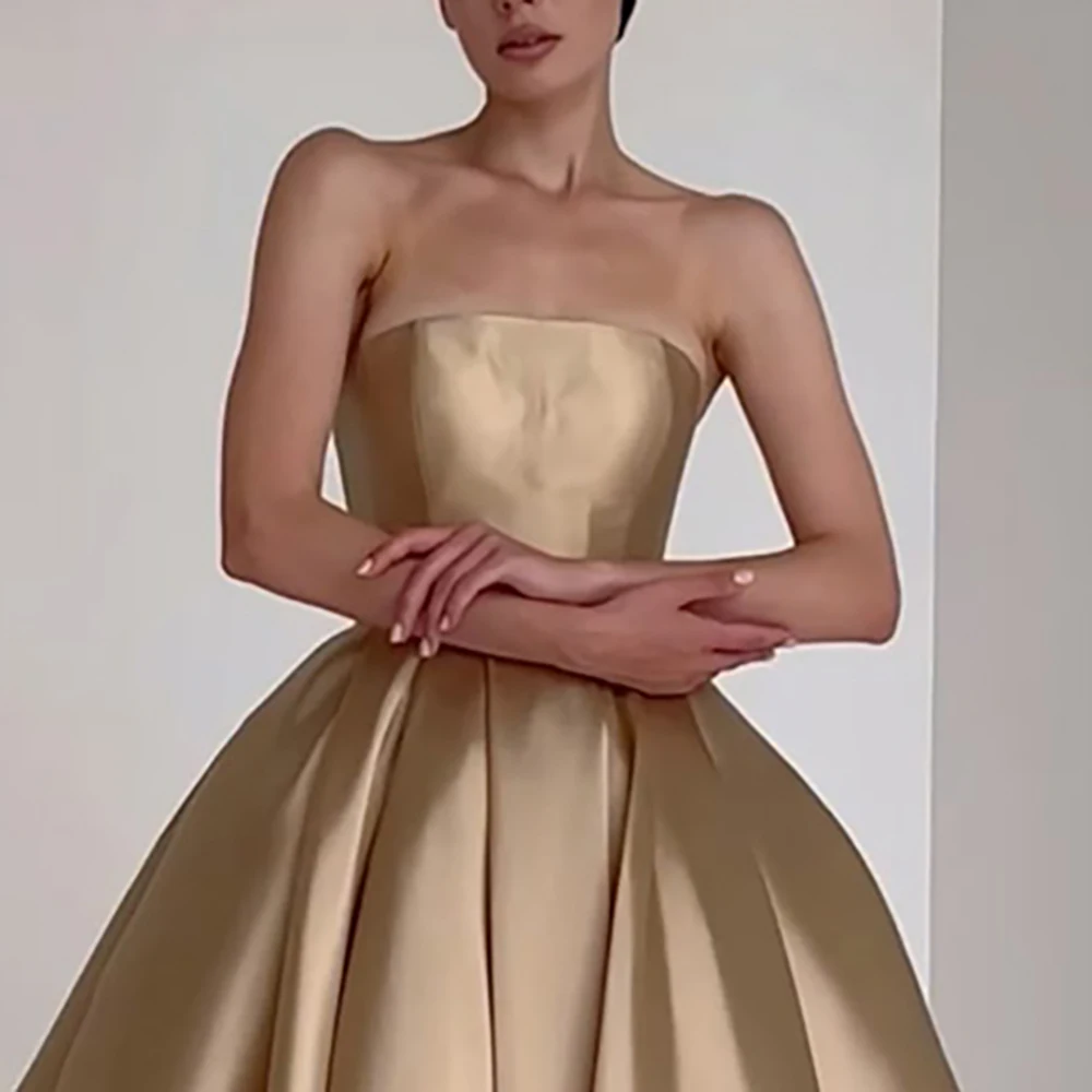 

Simple Midi Wedding Dress 2025 New Elegant Golden Satin Strapless Ball Gown Formal Evening Quinceanera Dress Custom Made