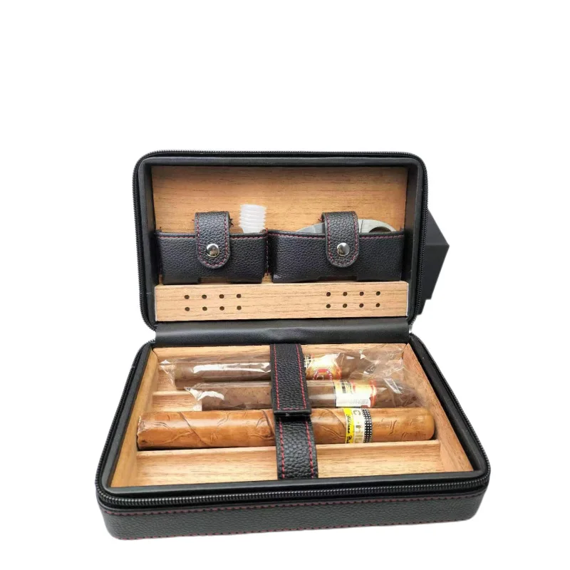 Cedar Wood Cigar Humidor Box Smoking Accessories  Leather Cigar Case Storage Humidifier 4 Cigars Box Humidor For Travel Use