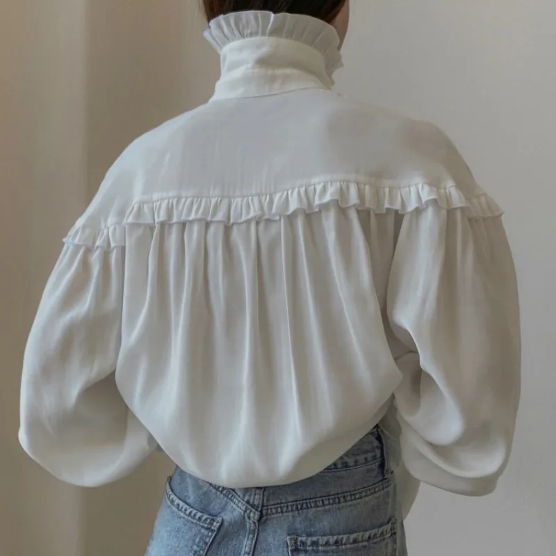 TARUXY Ruffle Loose Shirts For Women 2025 Spring White Turtleneck Long Sleeve Women's Shirt Street Casual Oversized Shirt Femme