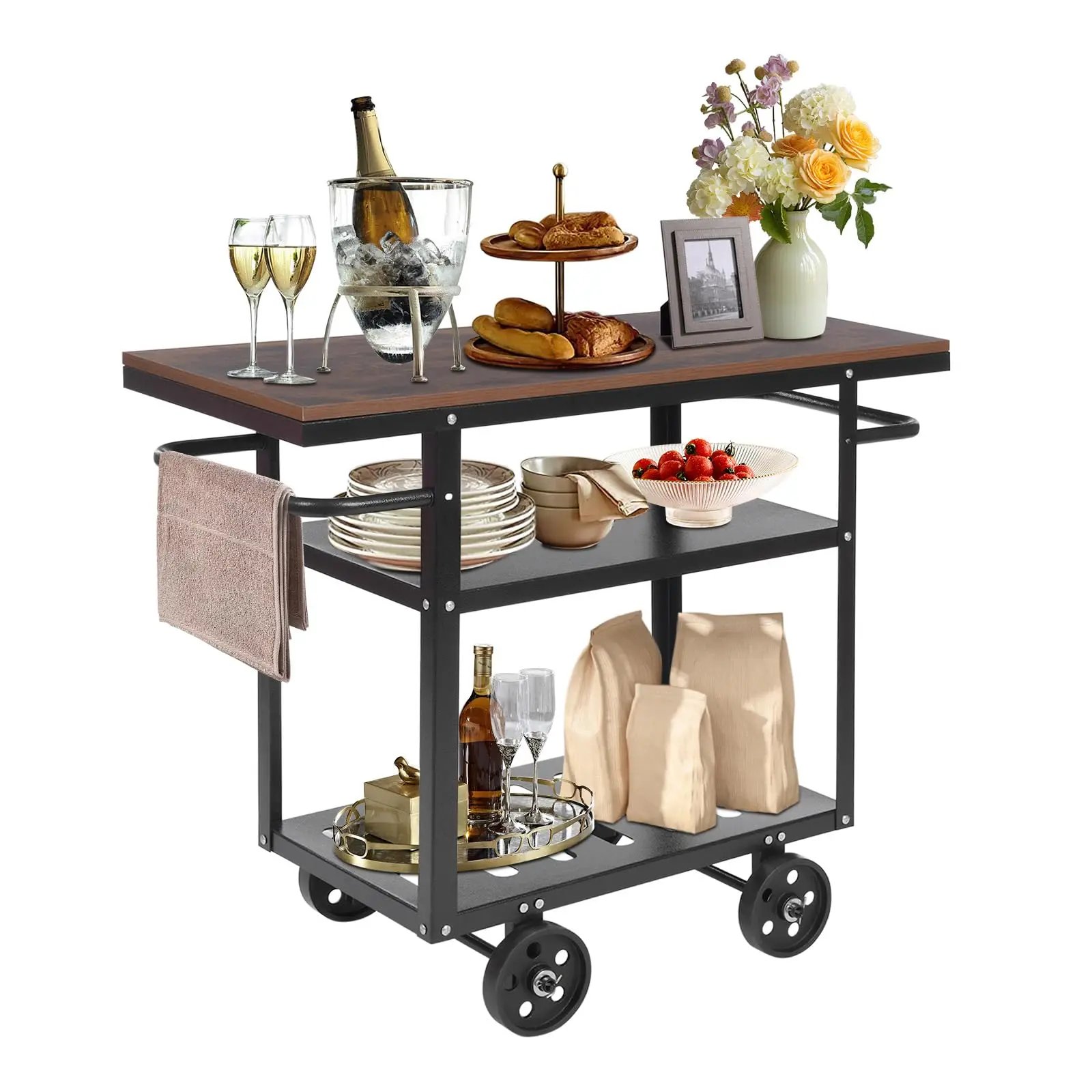 3 Tier Rolling Bar Cart, Industrial Mobile Serving Cart Vintage Bar Cart Kitchen Storage Utility Cart Trolley Coffee