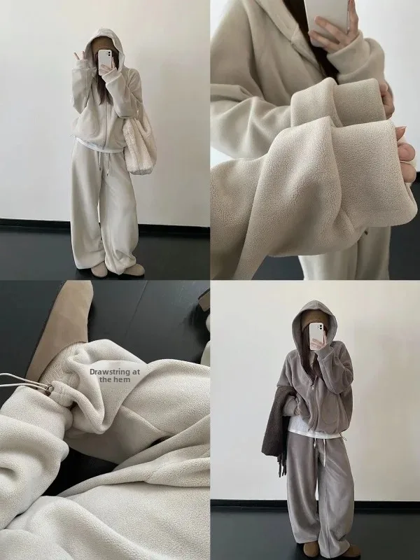 Korean Style Double-Sided Rice Velvet Hoodie Jacket And Casual Pants Two-Piece Set Comfortable plus Size Winter Outfit