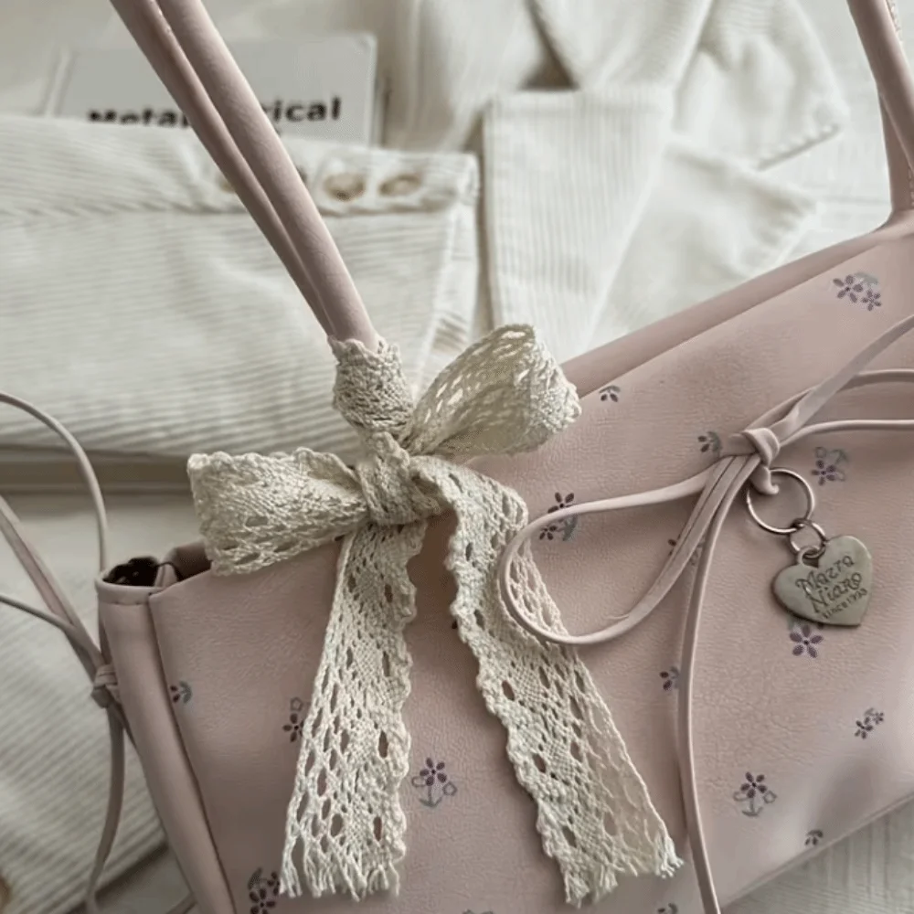 Heart-Shaped Charm Long Slim Shoulder Bag Lace Bow Decoration Floral Print Handbag Cute Adjustable Underarm Bag Daily view 4