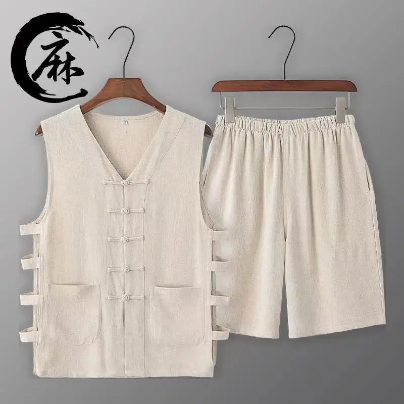 

8 Color Summer Cotton Linen Sleeveless Sweatshirt Shorts Chinese Traditional Tang Suit Men's Tai Chi Kung Fu Suit Plus Size 5xl