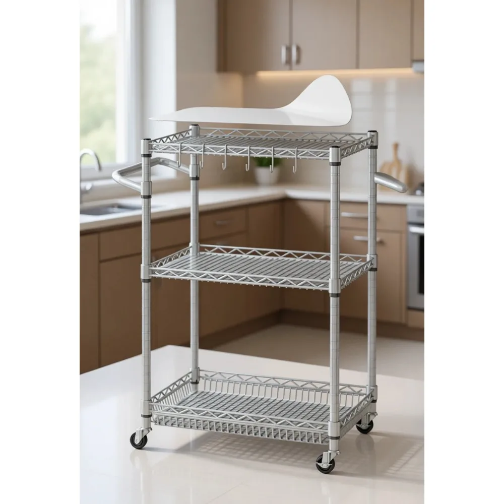 

Three Tier Rolling Cart on Wheels Heavy Duty Wire Utility Shelf Trolley with Handle for Kitchen Storage Gray