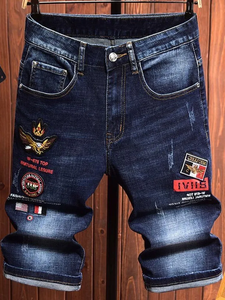 Summer Fashion Trend Printed Straight Leg Elastic Denim Shorts For Men's Casual Loose Sports Plus Large Size High-Quality Jeans