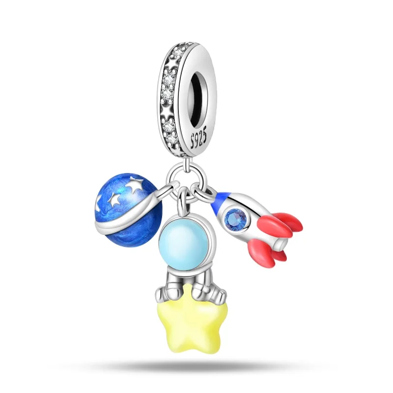 New Original 925 Sterling Silver Space Travel Three Piece Set Charms Pendant For Women Exquisite DIY Anniversary Jewelry Gifts