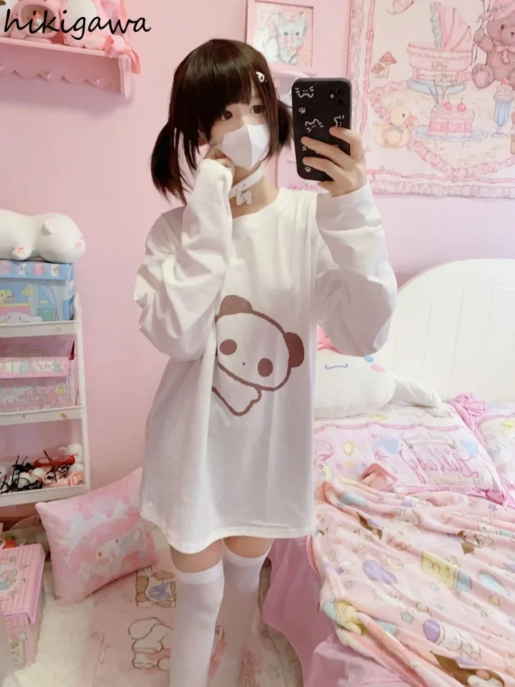 Japanese women's Preppy style T-shirt white long sleeved round neck shirt and cartoon Korean informal T-shirt Y2K2024