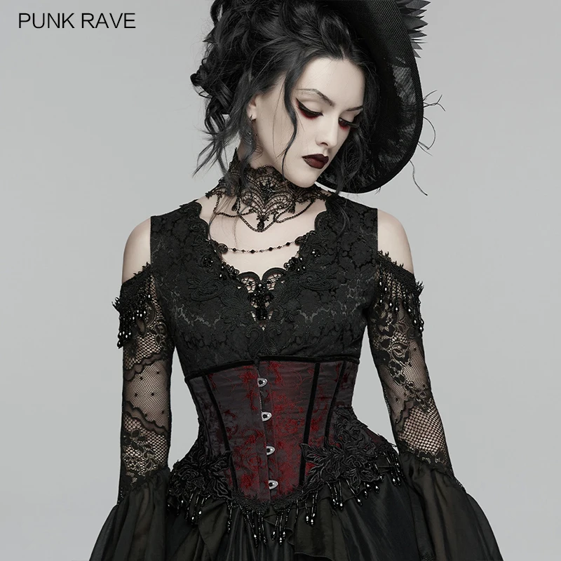 PUNK RAVE Women's Gothic Rose Jacquard Corset Diagonal Segmentation Elegant Romantic Charm Tassel Pendants Accessories