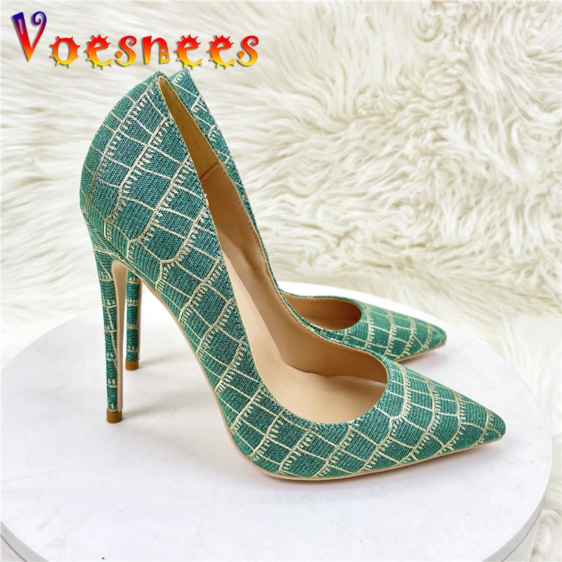 12CM Women's Pointed Toe High Heels Gold Checkered Fashion Party Dress Shoes 1CM Very Comfortable Blue Office Pumps Designer New