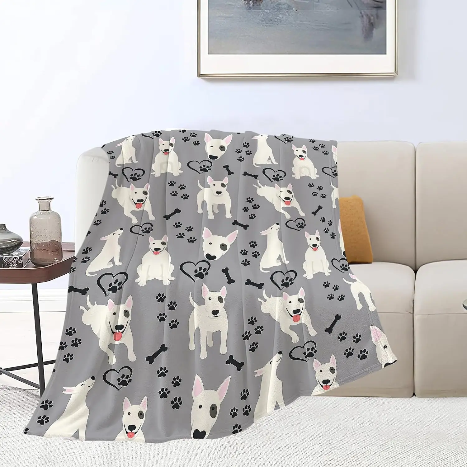 White Bull Terrier Paw Heart Bone Repeat Pattern Flannel Throw Blanket, Warm Cozy Blanket, Pet Decor Gift Bedroom Daily Rest Use