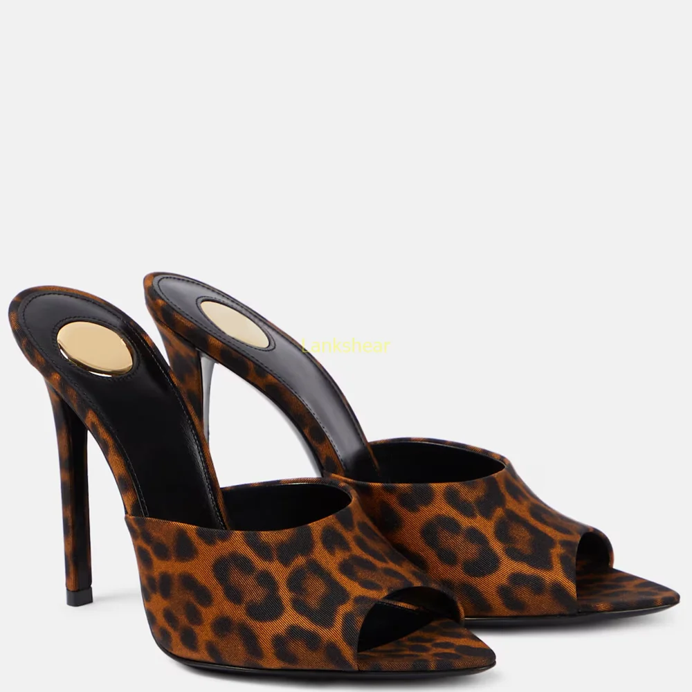 

Peep Toe Patent Leather Slippers Sexy Pointed Toe Stiletto Slip On Leopard Print New Arrivals Fashion Women Sandals Open Toe