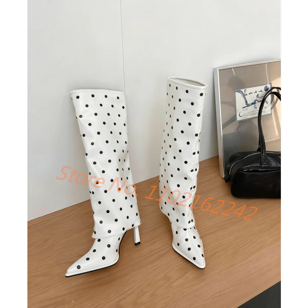 

New Spring White Polka Dot Leather Knee-High Boots Women'S Pointed Toe Stiletto Trouser Boots Party Dress Fashion Thigh Boots 40