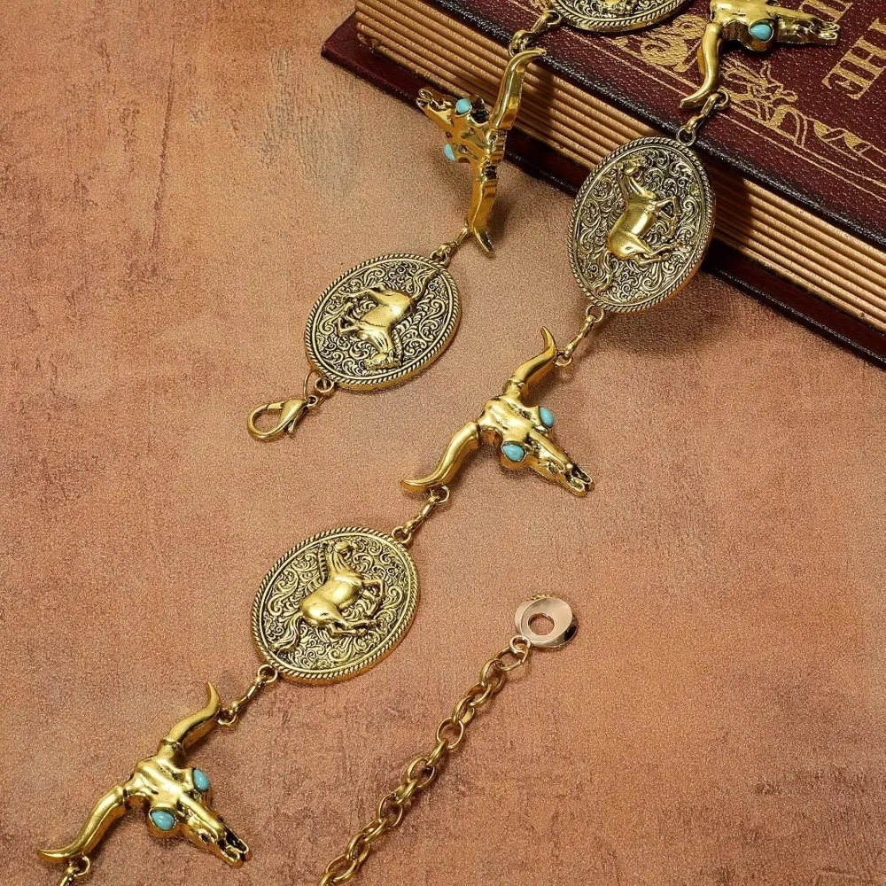 حزام كونشو معدني غربي للنساء، أحزمة سلسلة كلاسيكية لراعية البقر بوهو الفيروزية لفساتين الجينز