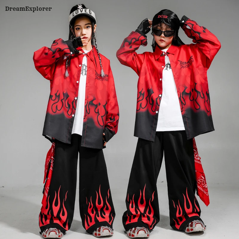 

Boys Hip Hop Flame Shirt Street Dance Joggers Pants Girls Cool Fire Blouse Children K-pop Streetwear Kids Costumes Clothes Sets