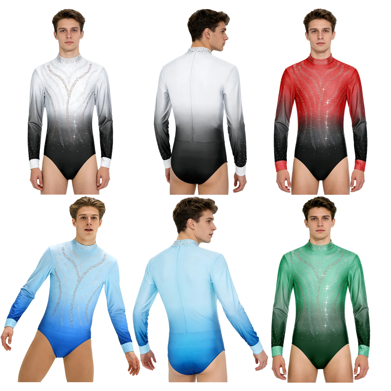 

Мужской гимнастический купальник с длинным рукавом, стразами и градиентным цветом для фигурного катания, балета, акробатики, латиноамериканских танцев (ча-ча)