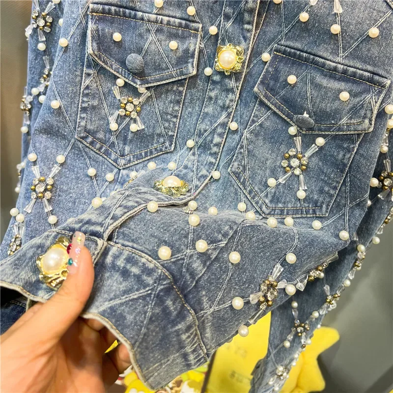 Blue Slim Short Denim Jacket Women Heavy Work Pearl Beaded Diamond Stand-up Collar Single-breasted Long Sleeve Jeans Jacket - Image 5