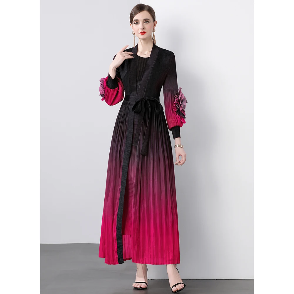 Miyake Dress Gradient Floral Lace Up Jacket+versatile Artistic Straight Tube Skirt Pleated Loose Women\'s Clothing Robe 2024