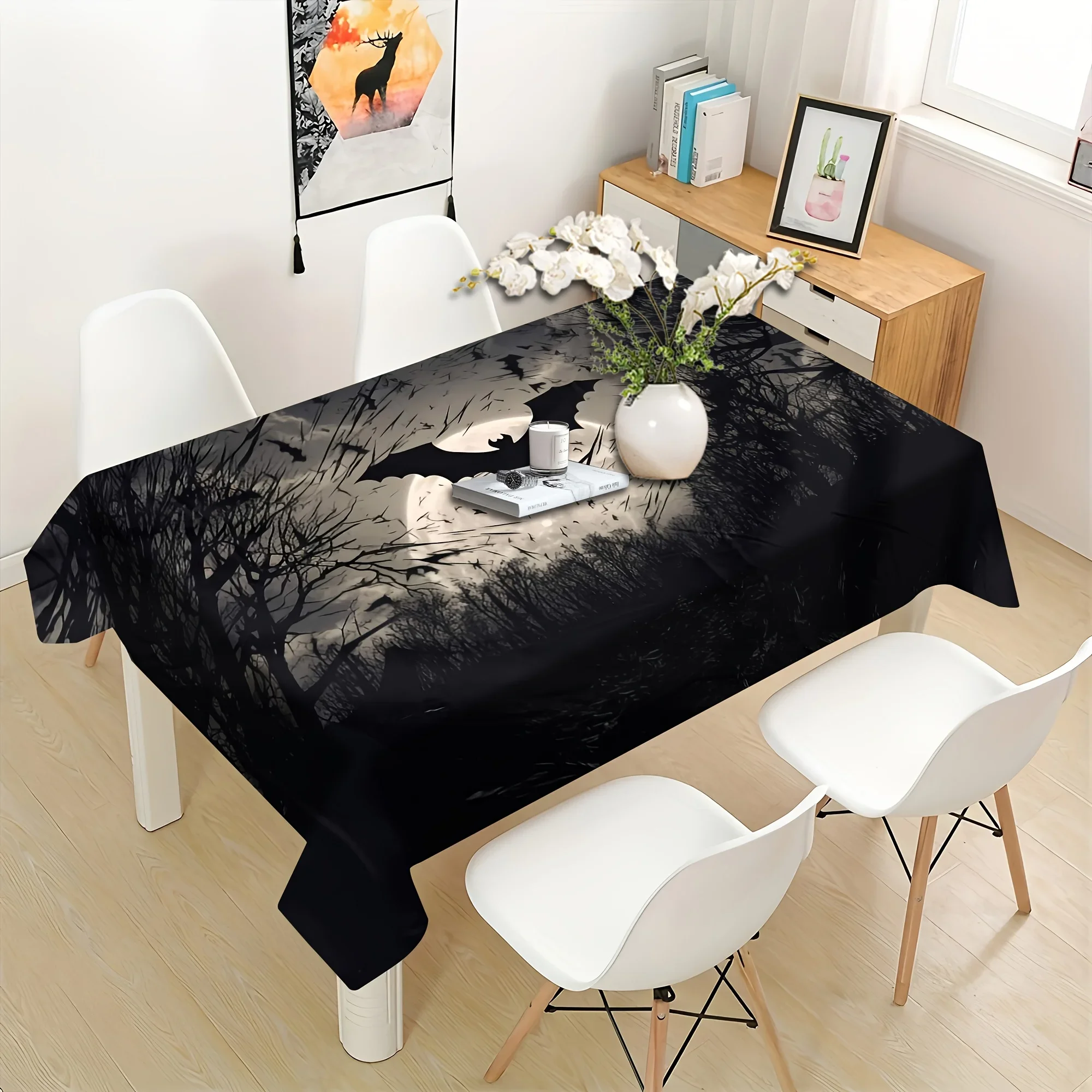 2D flat printing - 1 piece Gothic Bat Dark Tablecloth - Washable. Halloween Moonlit Forest Bat Theme Tableclothxzj