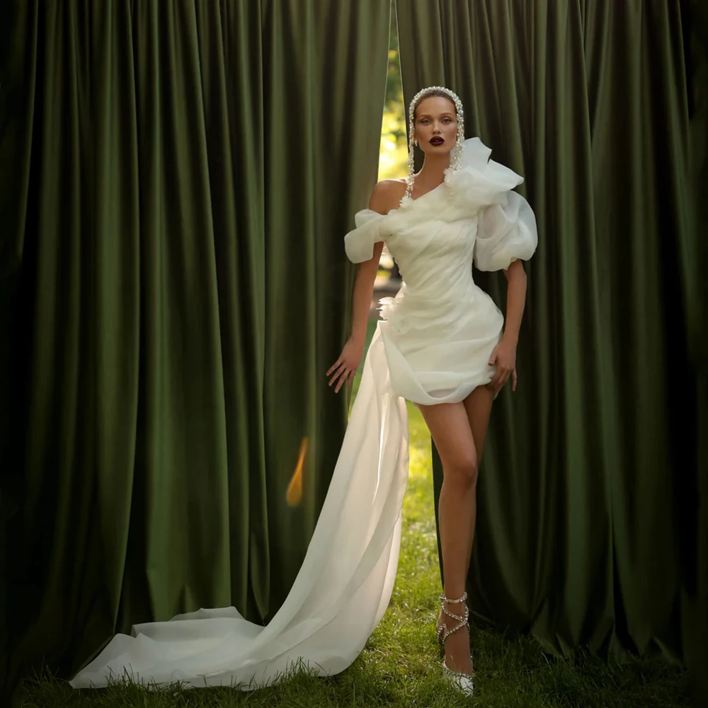 

Minimalist Civil Wedding Party Dresses One Shoulder Organza Straight Pleat Short Bride Gowns With Train Above Knee Customized