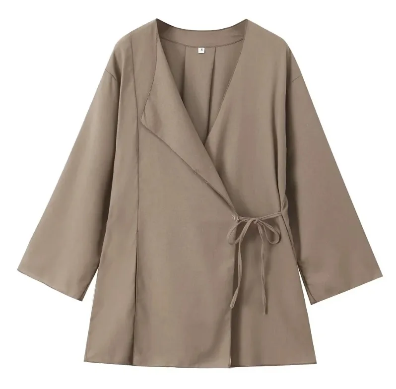 Spring and Autumn Simple European and American Linen Kimono Cross Long Sleeve Coat Long Pants Set for Women