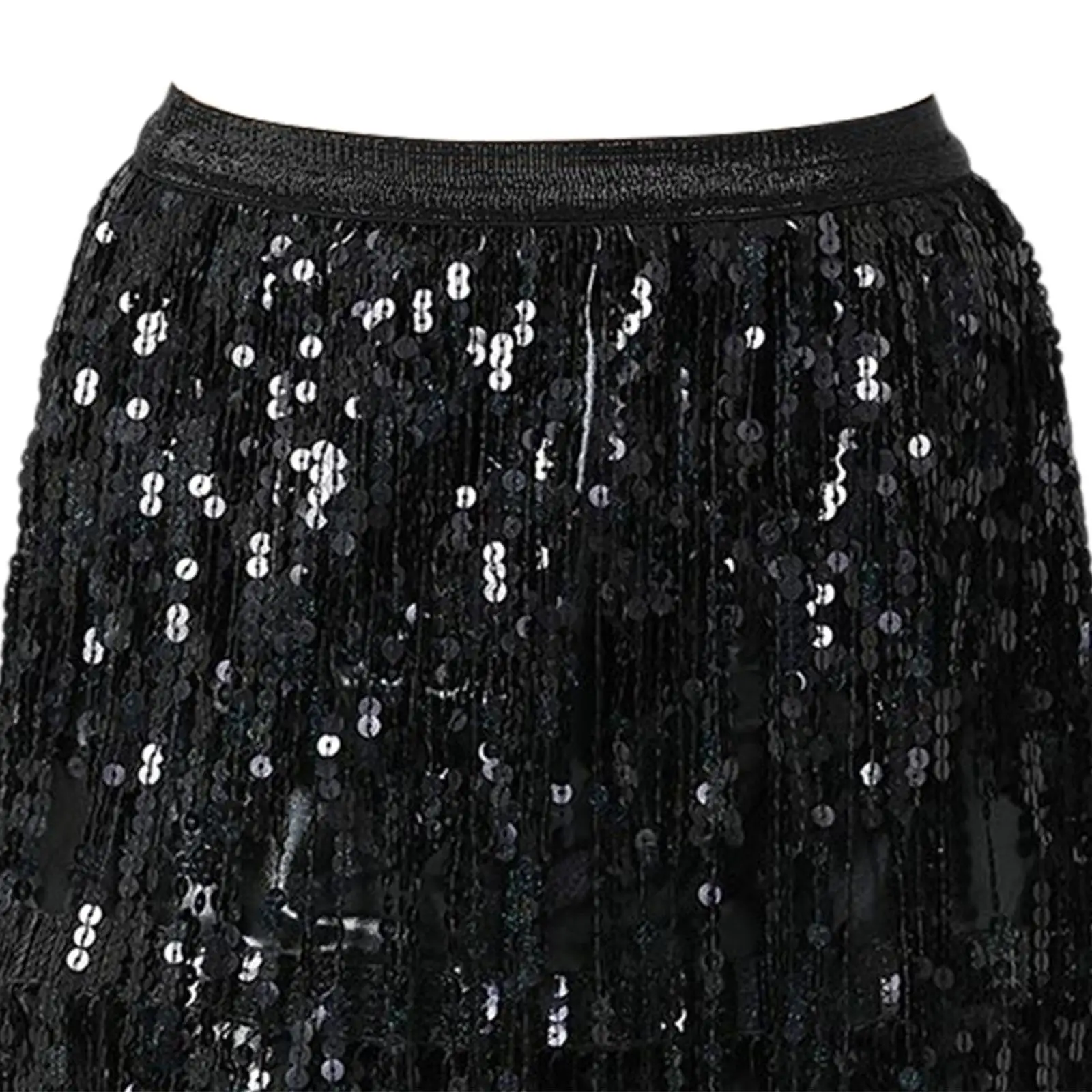 Women Sequin Tassel Fringe Skirt Elastic Waist Belly Dance Hip Scarf Boho Costume for Party Stage Latin Performance Rave