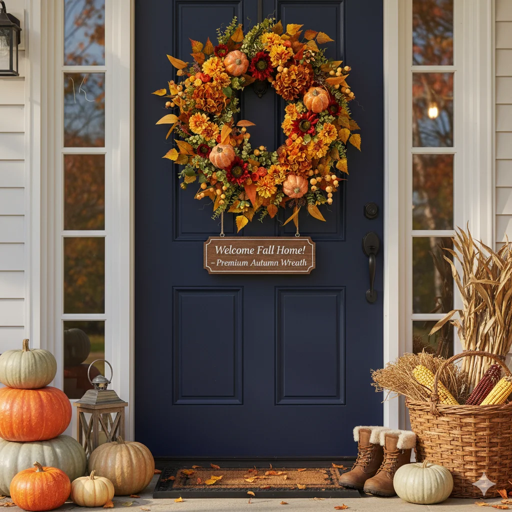 

Fall Door Wreath With Pumpkins, Maple Leaves, And Berries, Autumn Seasonal Decor Halloween, Porch, Entryway, And Home Display