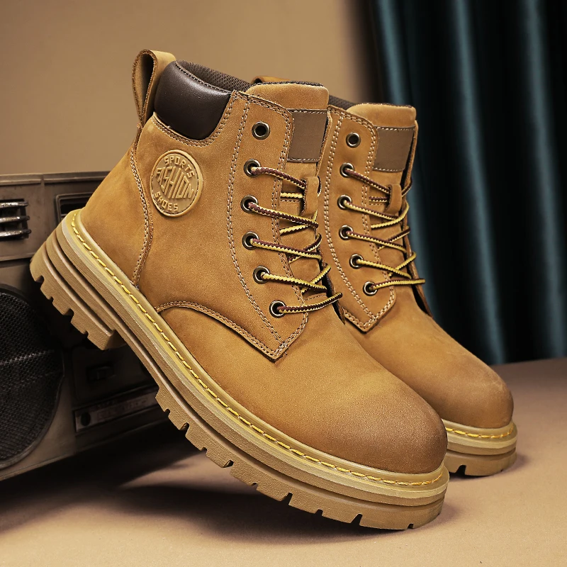 

Men's Casual Thick-Soled Work Boots, Genuine Leather Yellow Boots, Women's Shoes with Fleece Lining, Warm Cotton Shoes, Outdoor