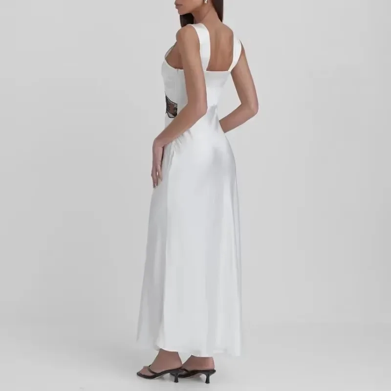 V Neck Patchwork Fashion Print High Waist Party Dress Female Long Dress Elegant Lace Backless Hollow Maxi Dress For Women