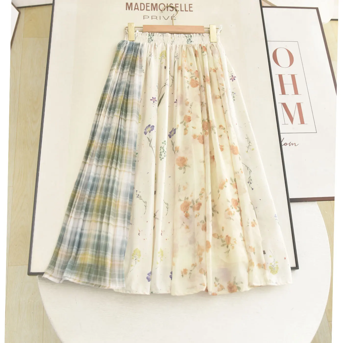 

Summer 2026 New Design Elastic Waist Patchwork Floral Contrast Color Block Midi Length Half-length Skirt for Ladies A-line Skirt