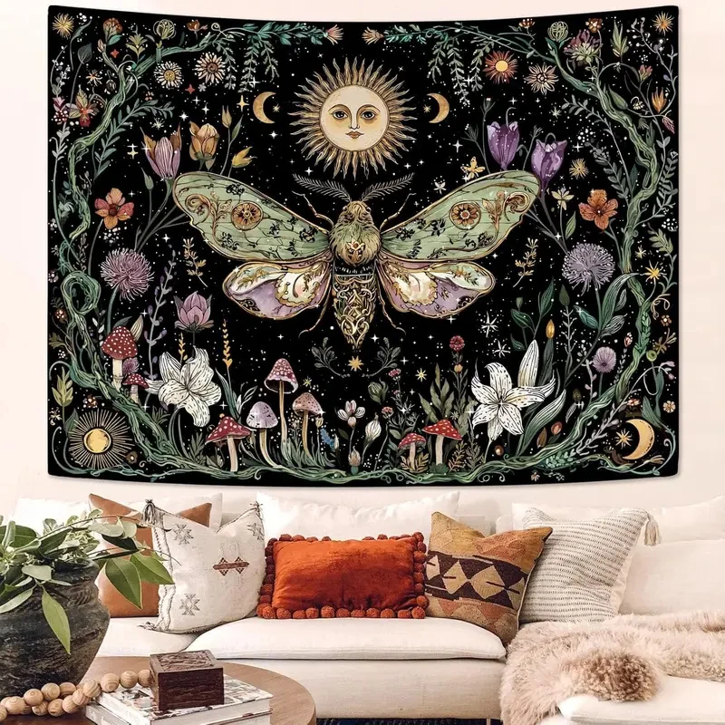 VIKAMA Boho Moth Sun Moon Tapestry, Witchy Floral Mushroom Print Wall Hanging for Bedroom Dorm Home Decor
