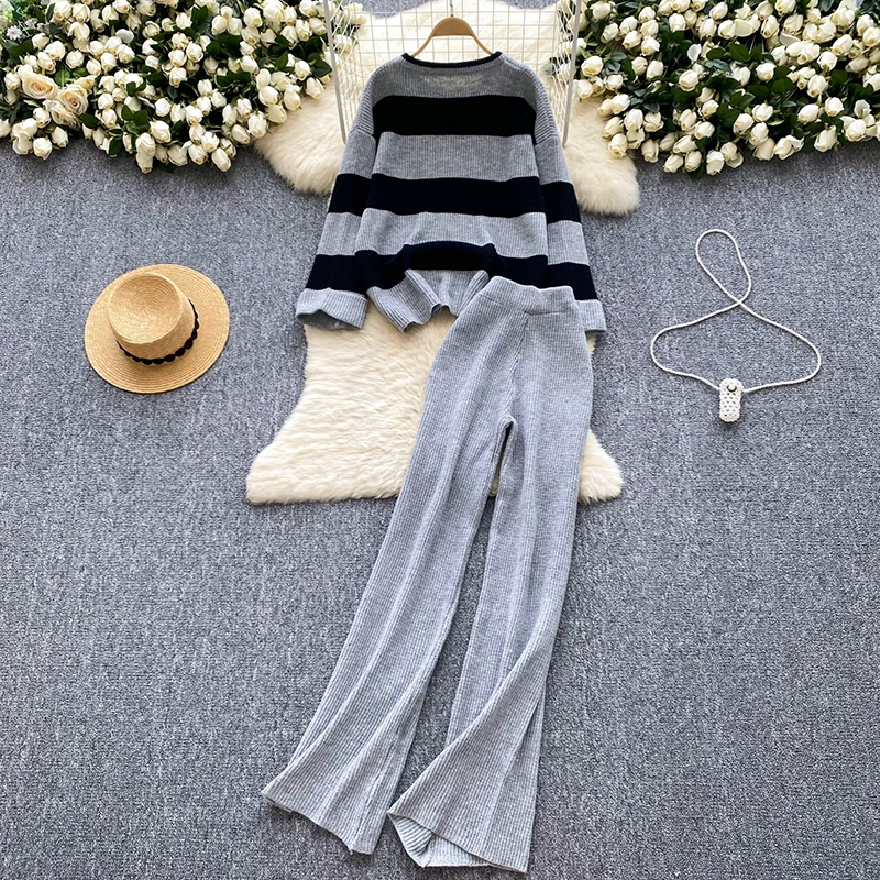 Women Two Piece Set Striped Sweater Knitted Pullover Long Sleeve Top +Solid High Waist Wide Leg Pants Autumn Winter 2 Piece Set