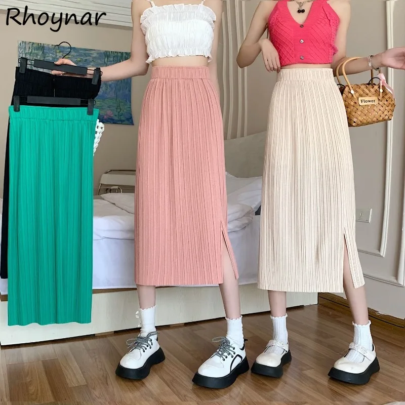 

Solid Skirts Women Elastic Waist Pleated Side-slit Baggy Casual All-match Simple Korean Style High Street College Summer Chic